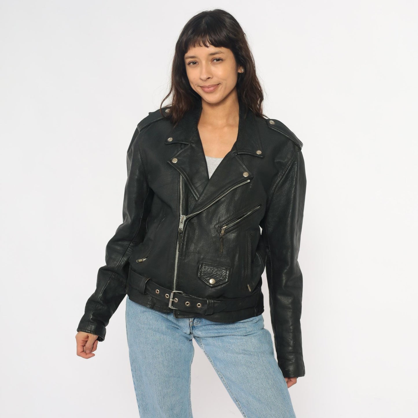 90s Wilsons Leather Black Motorcycle Jacket Belted Zip Silver Hardware Small S
