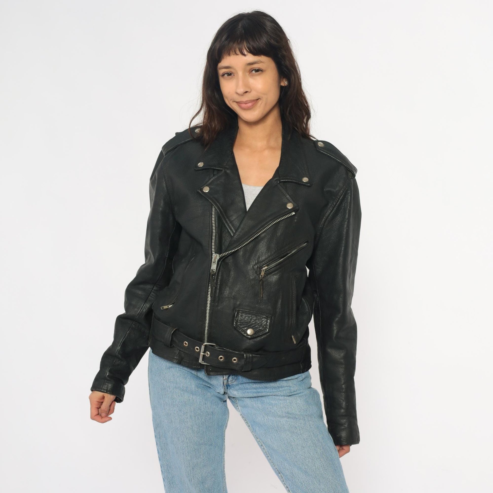 90s Wilsons Leather Black Motorcycle Jacket Belted Zip Silver Hardware Small S