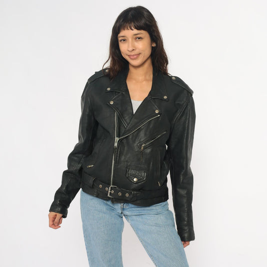 90s Wilsons Leather Black Motorcycle Jacket Belted Zip Silver Hardware Small S