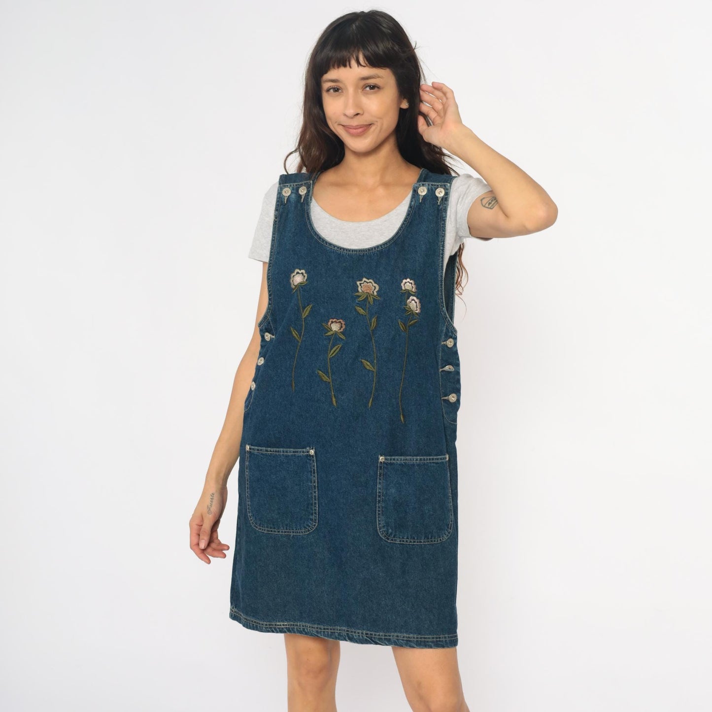 90s Floral Embroidered Denim Jumper Dress Blue Jean Pinafore Medium M