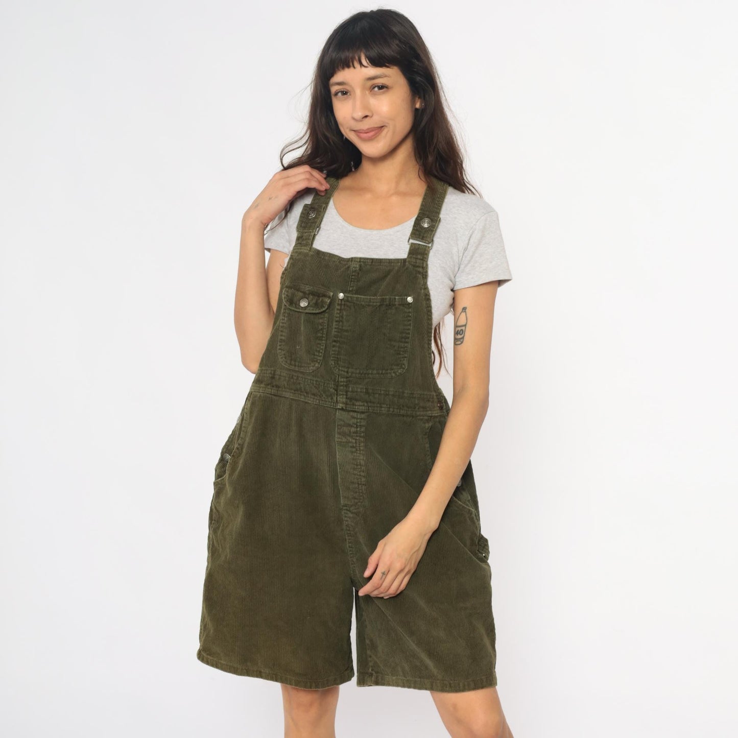 90s Olive Green Corduroy Overall Shorts Adjustable Straps Cross-Back Large L