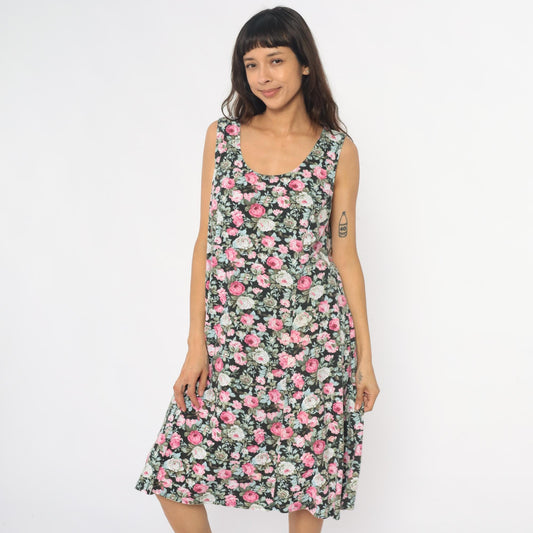 90s Lady Dorby Floral Dress Black Pink Rose Print Sleeveless Cutout Large