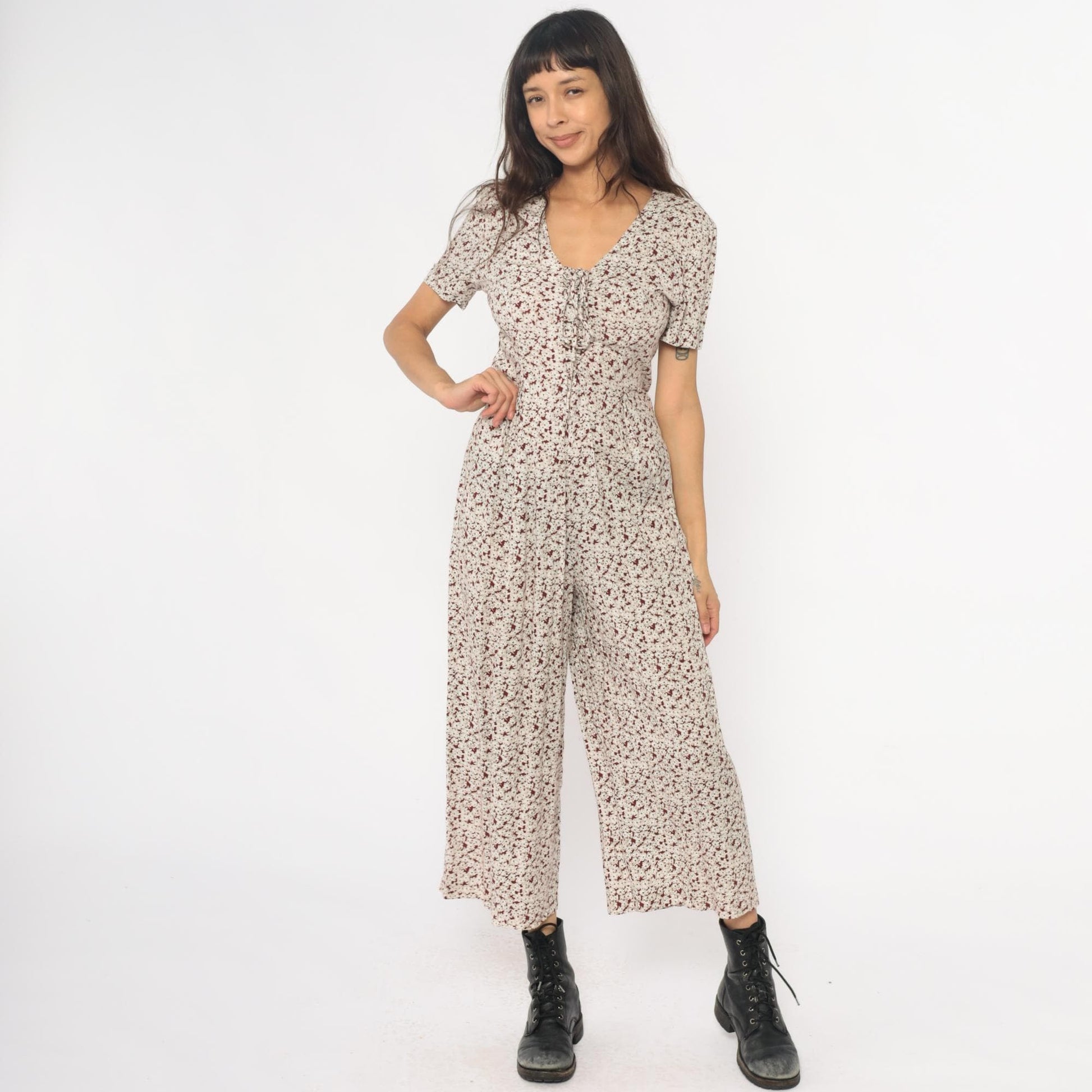 90s All That Jazz Floral Jumpsuit Cream Wide Leg Short Sleeve Small