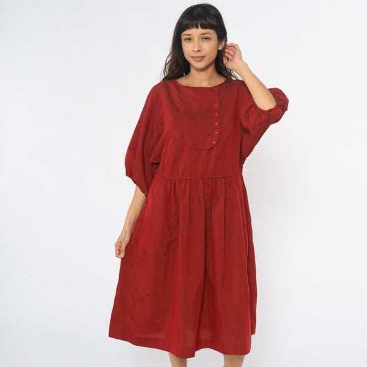 80s Burgundy Puff Sleeve Dress A-Line Gathered Waist Button Front Medium M
