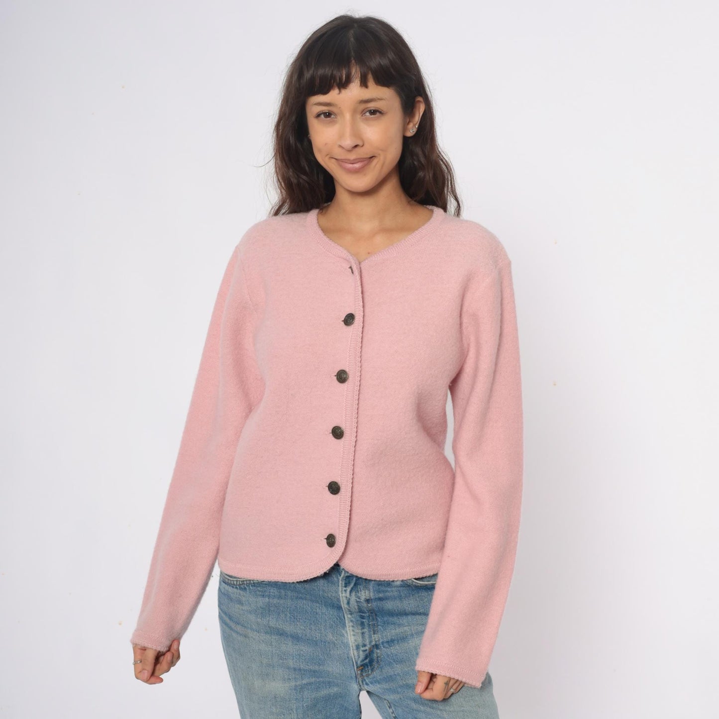 70s Tally Ho Wool Cardigan Pink V-Neck Button Front Medium