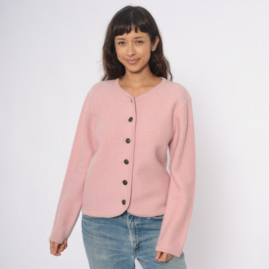 70s Tally Ho Wool Cardigan Pink V-Neck Button Front Medium