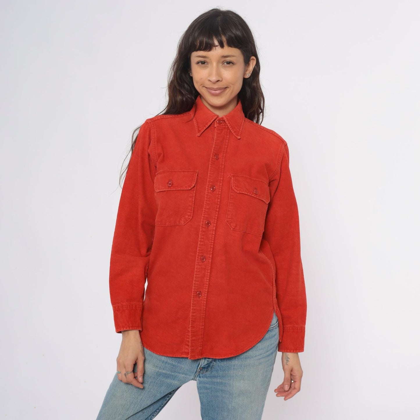 80s Woolrich Orange Button-Up Shirt Long Sleeve Collared Chest Pockets Medium