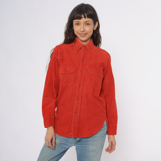 80s Woolrich Orange Button-Up Shirt Long Sleeve Collared Chest Pockets Medium