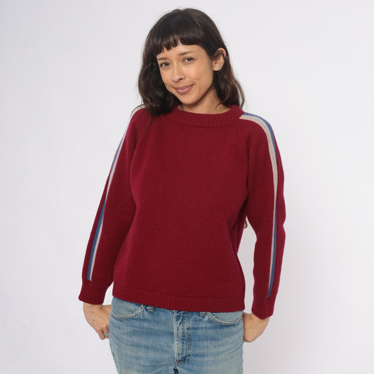 80s Cortina Burgundy Wool Sweater Stripe Raglan Crewneck Medium M