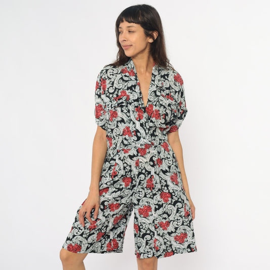 90s Floral Rayon Romper Black Red Rose Baroque Scrollwork Wide Leg Medium M
