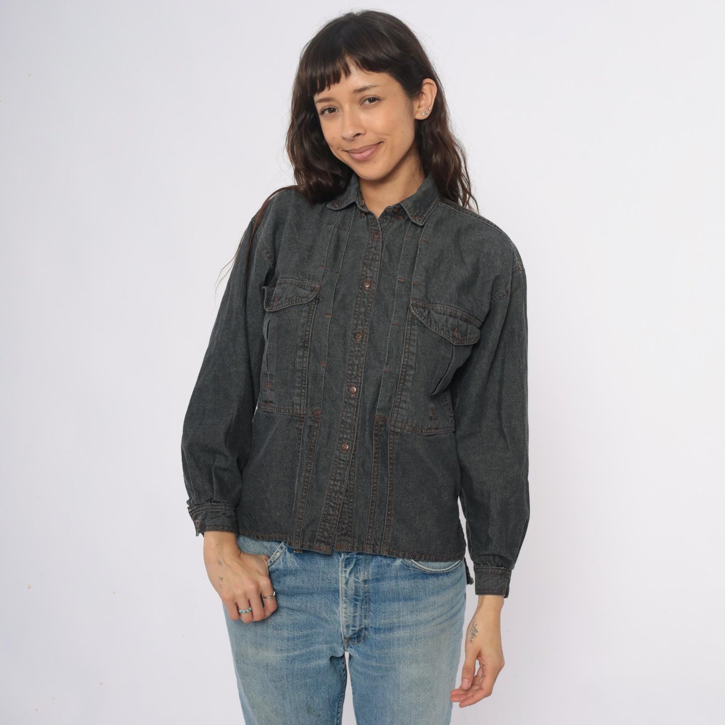 90s Changes Dark Grey Denim Shirt Jacket Cotton Button Front Small