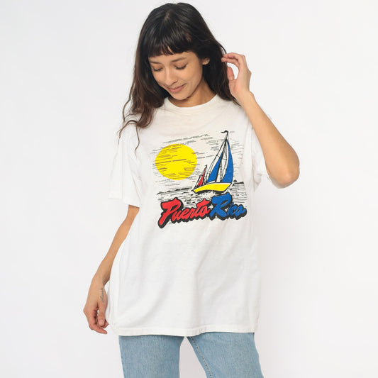 90s Puerto Rico Sailboat Graphic T-Shirt White Cotton Crew Neck Large