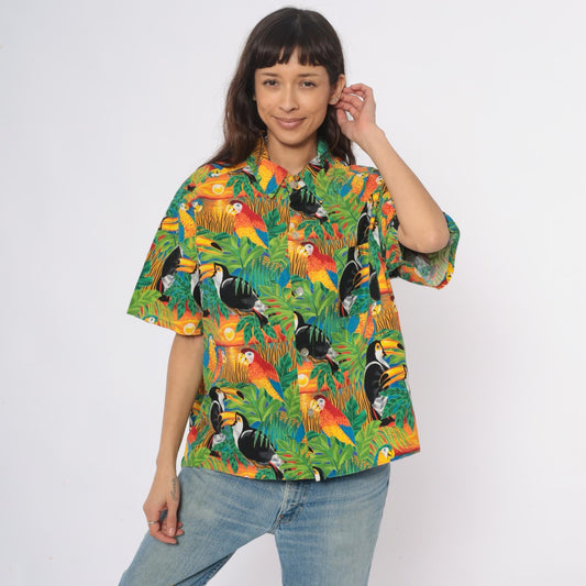90s Hummingbird Tropical Bird Print Camp Collar Shirt Plus Size XXL