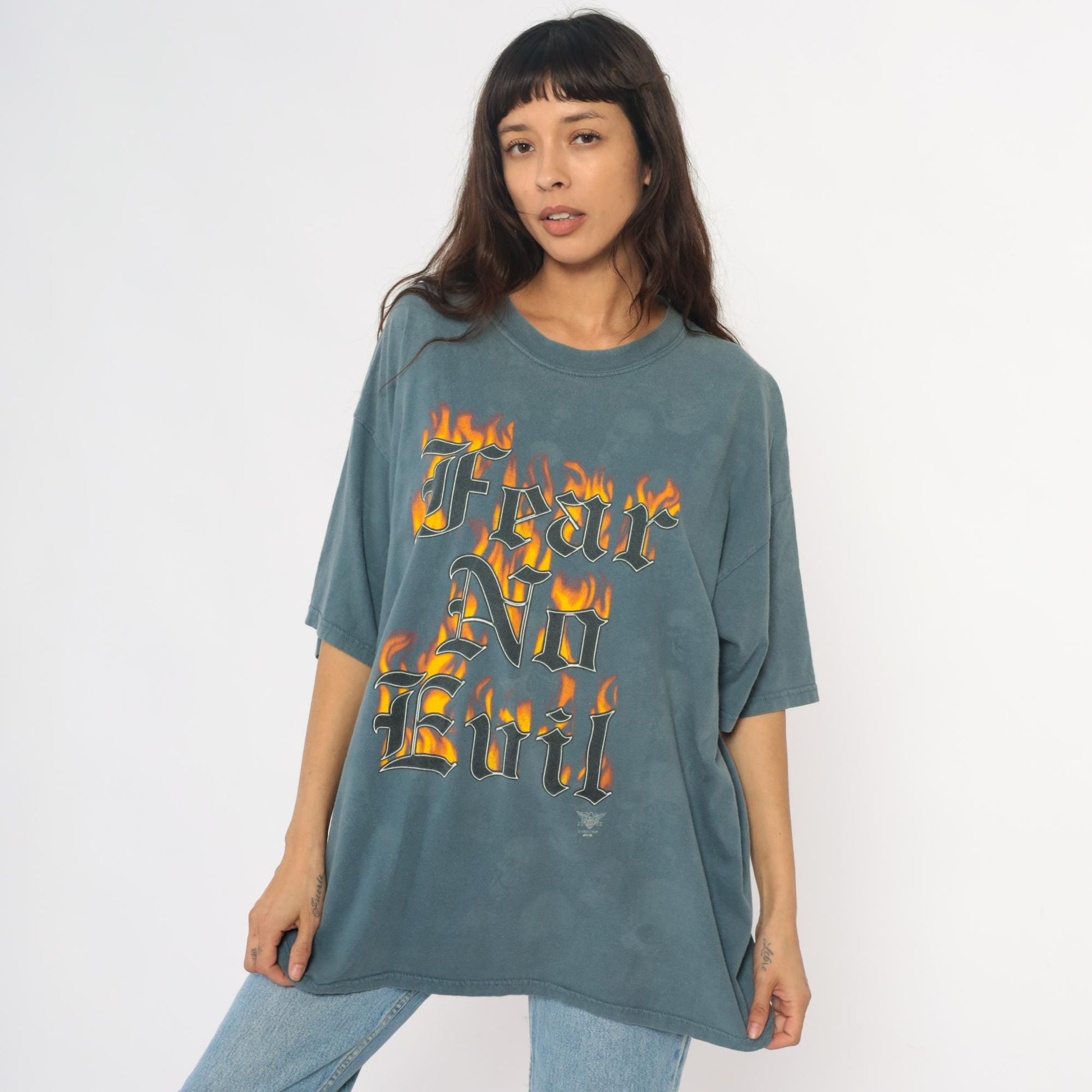 Y2K Fear No Evil Graphic Tee Teal Flame Skulls Plus Size XXL