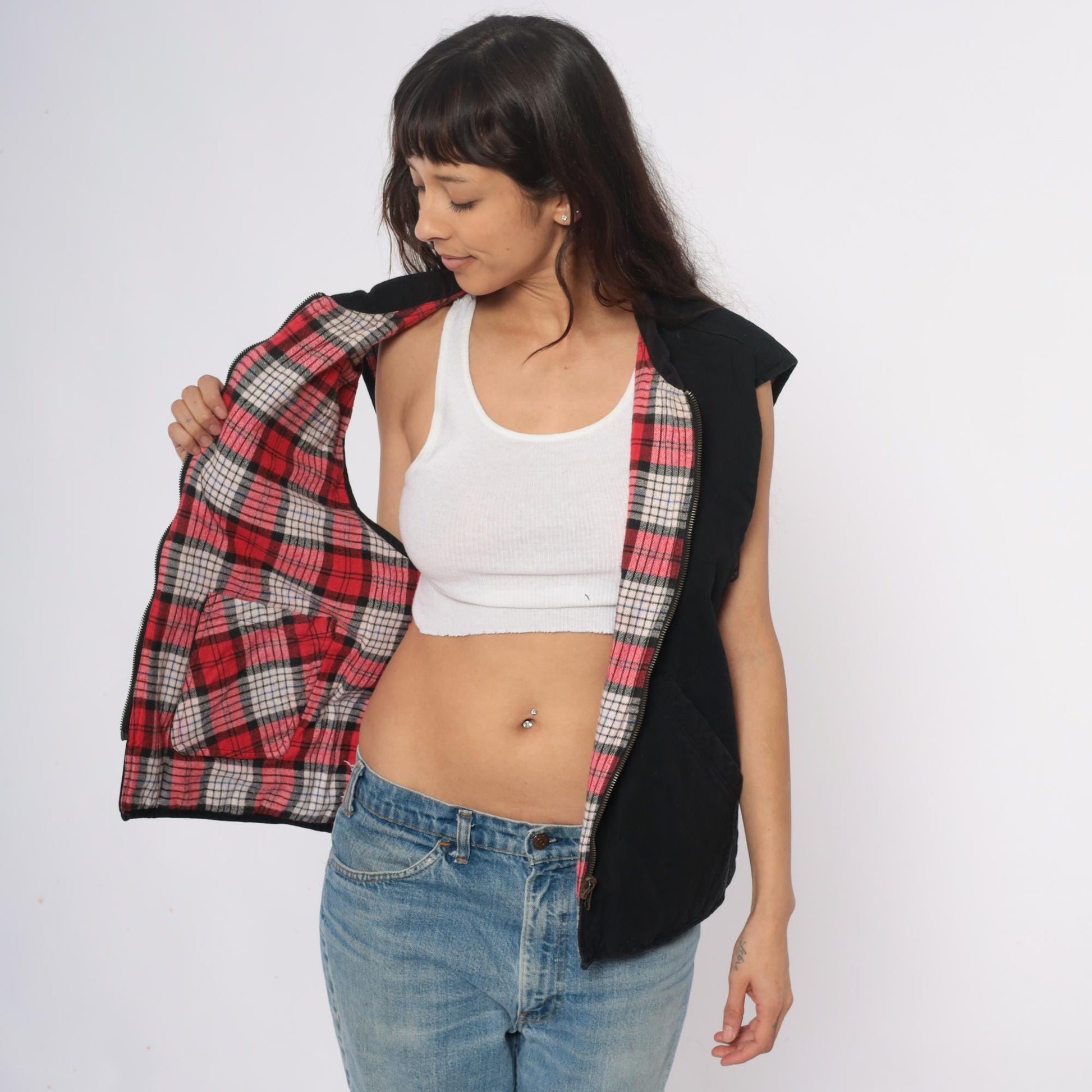 90s Marlboro Country Store Reversible Vest Black Plaid Cotton Large L