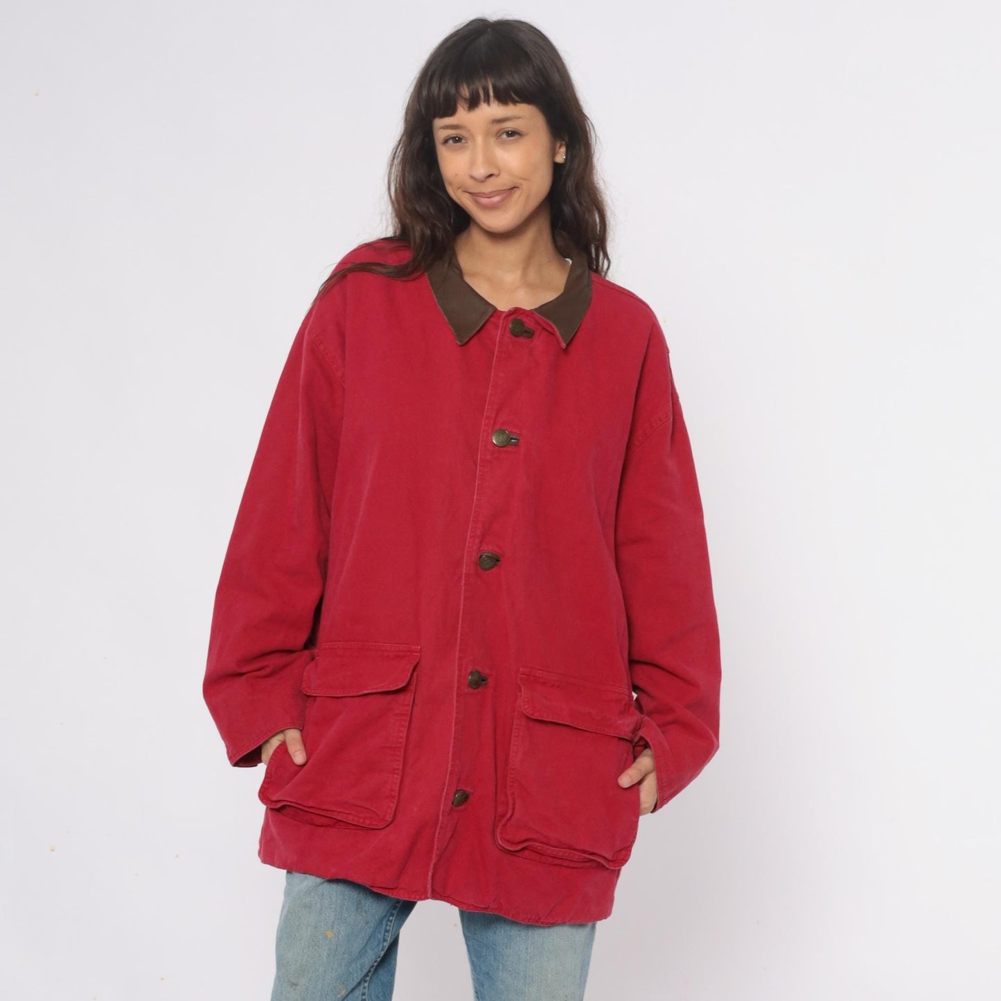 90s Marlboro Red Cotton Barn Jacket Leather Collar Workwear Extra Large XL