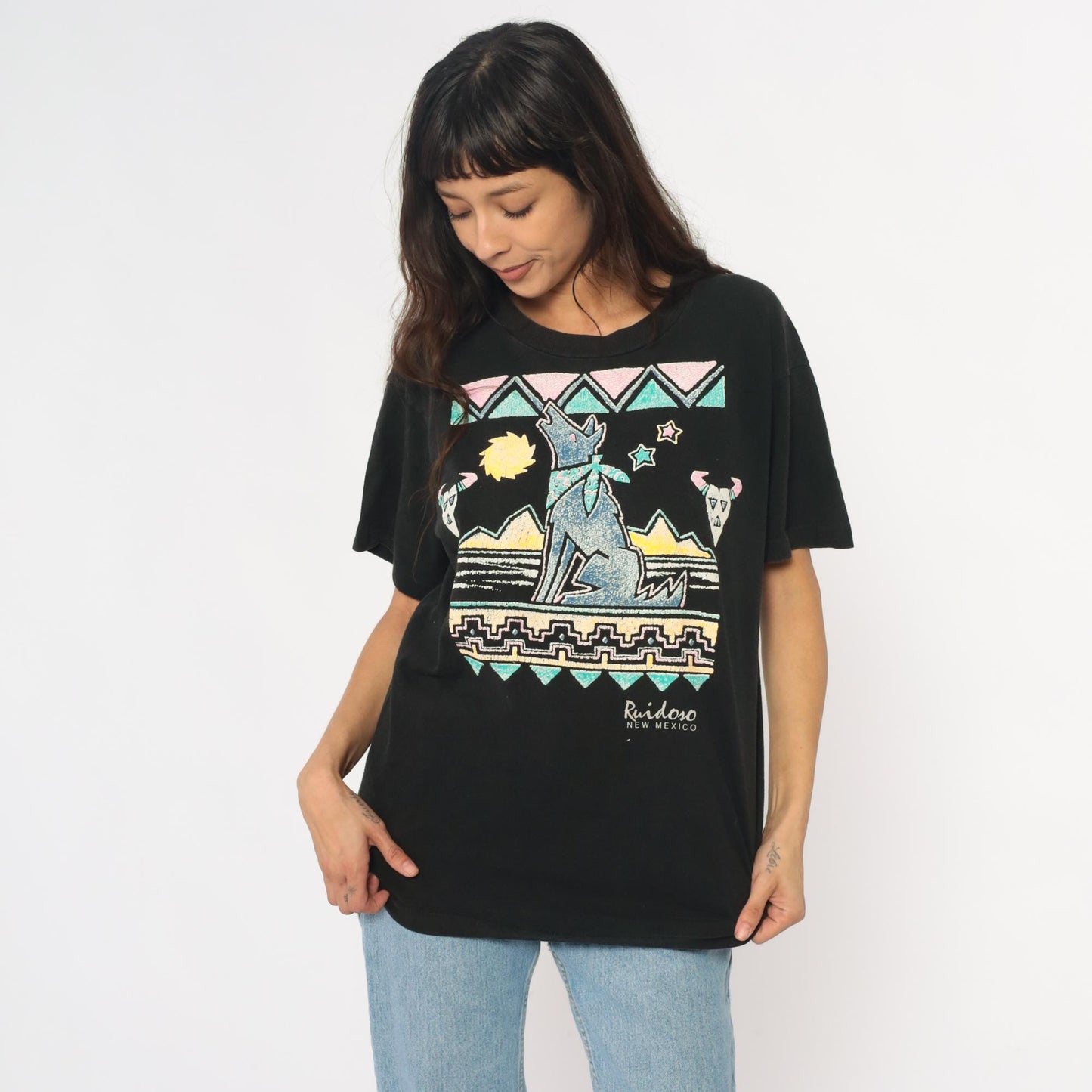 90s Ruidoso New Mexico Southwestern Coyote Graphic Tee Black Cotton Large L