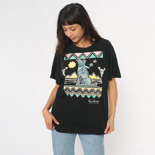 90s Ruidoso New Mexico Southwestern Coyote Graphic Tee Black Cotton Large L