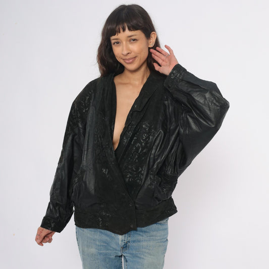 90s Black Leather Bomber Jacket Embossed Shawl Collar Medium M