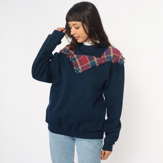 90s Jerzees Navy Plaid Yoke Sweatshirt Burgundy Teal Frayed Crewneck Extra Large XXL