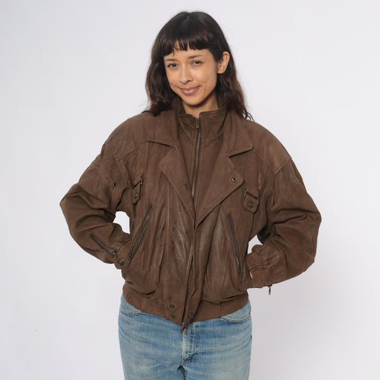 90s Wilsons Leather Brown Bomber Jacket Cropped Moto Zipper Small S