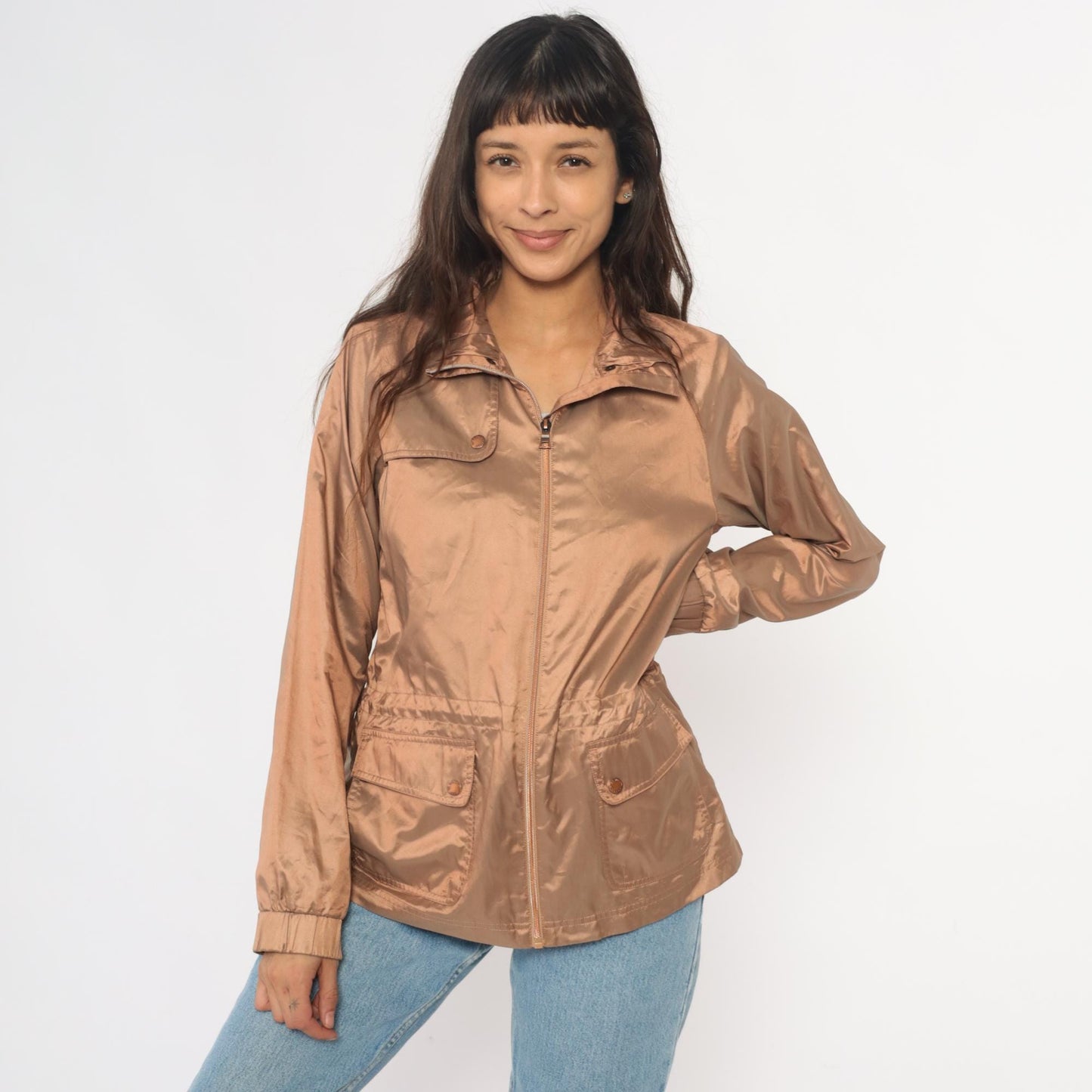 Y2K Tan Utility Jacket Snap Collar Cargo Pockets Zip Windbreaker Medium M