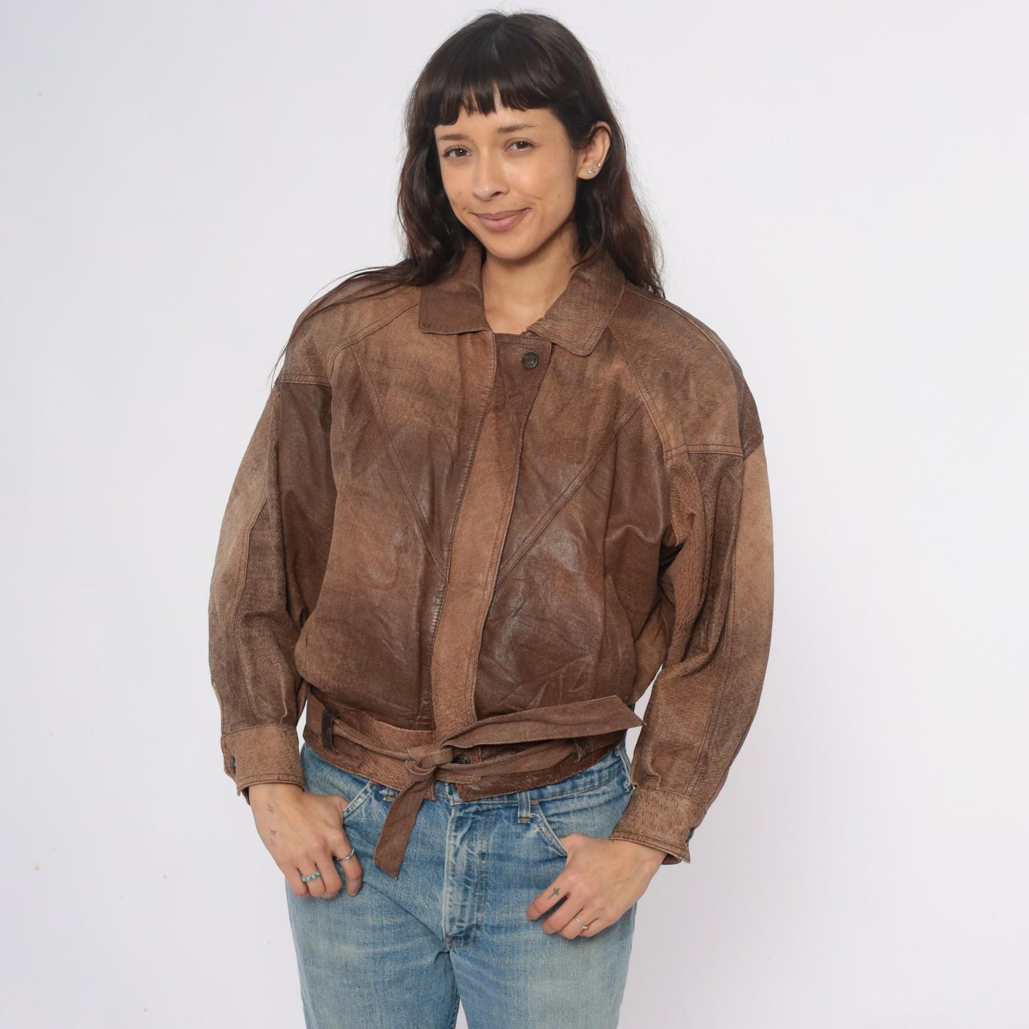 90s Adventure Bound Brown Leather Jacket Cropped Belted Small S