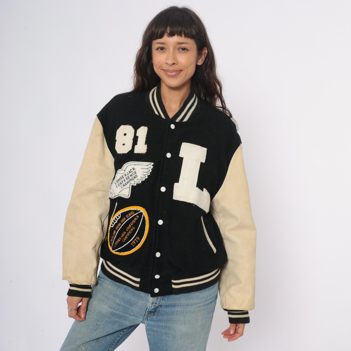 80s Golden Threads Varsity Jacket Wool Leather Black Cream Lumberjack Patches Large