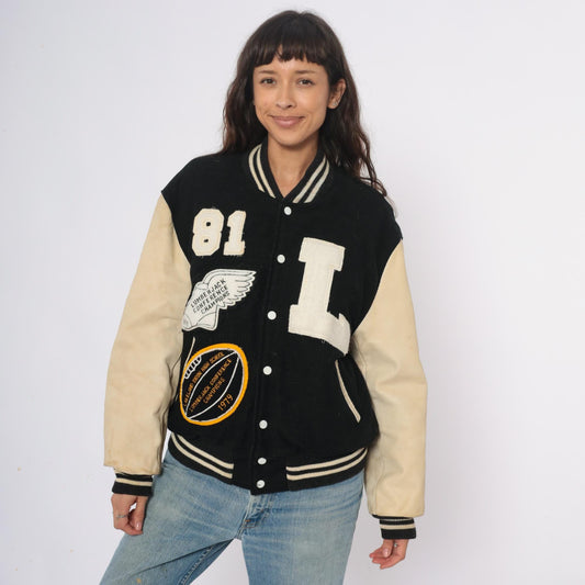 80s Golden Threads Varsity Jacket Wool Leather Black Cream Lumberjack Patches Large