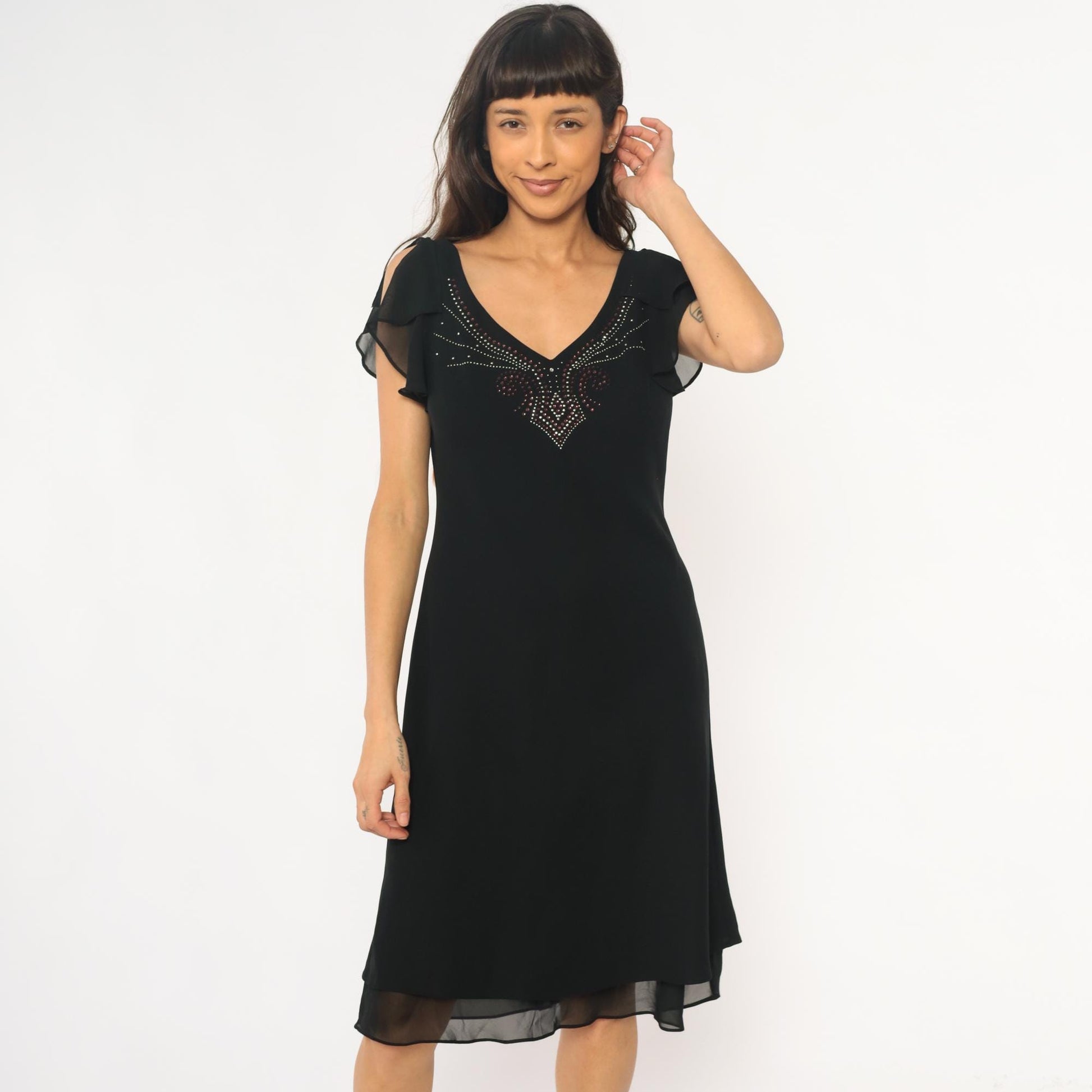 90s Sheri Martin Black Mini Dress Rhinestone V-Neck Cap Sleeve Medium