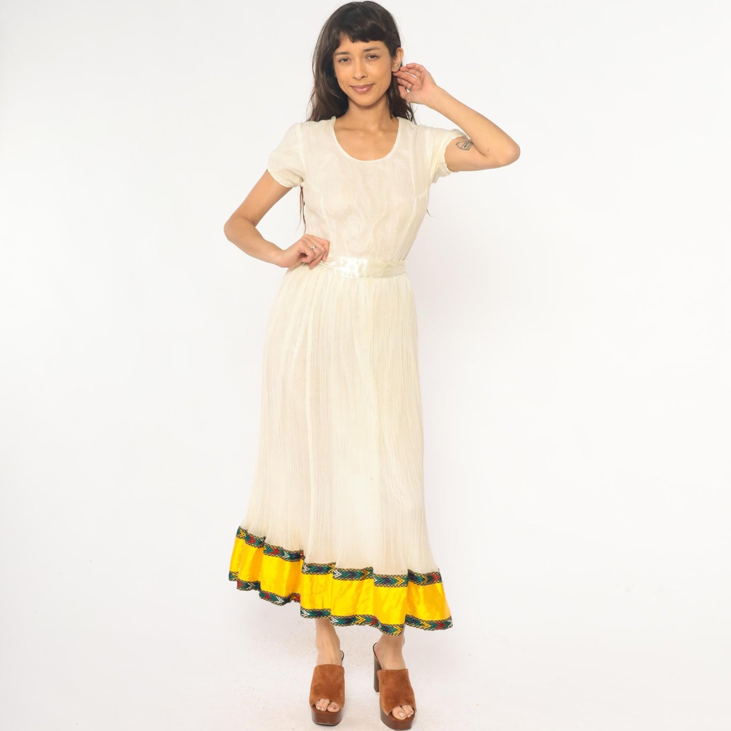 70s Cream Maxi Dress Puff Sleeve Pleated Skirt Embroidered Trim Extra Small