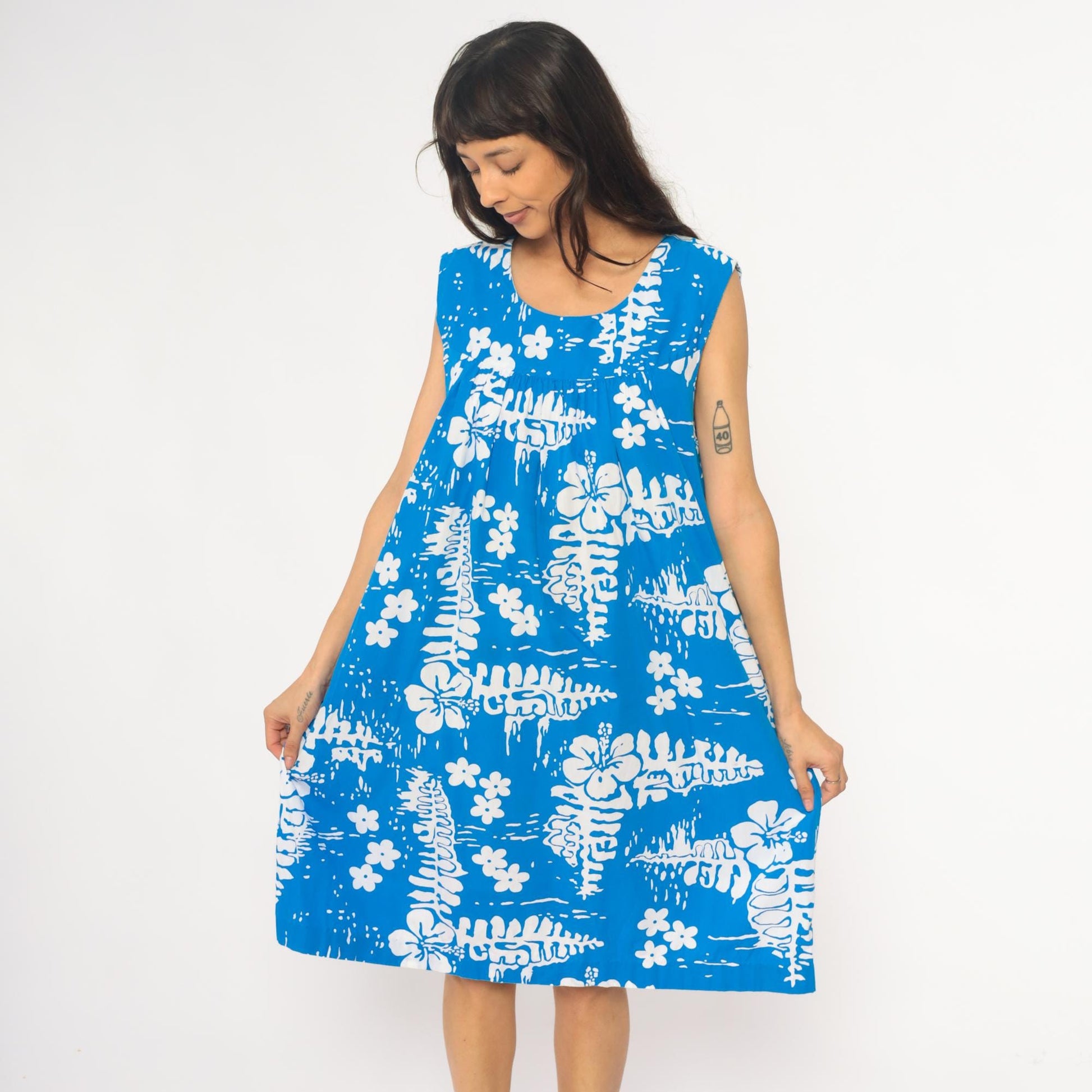 90s Hawaiian Tropical Floral Empire Waist Dress Blue Cotton Knee Length Medium