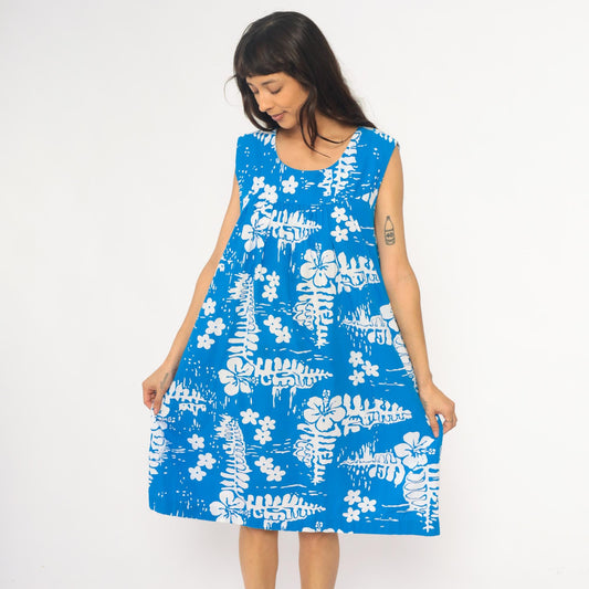 90s Hawaiian Tropical Floral Empire Waist Dress Blue Cotton Knee Length Medium