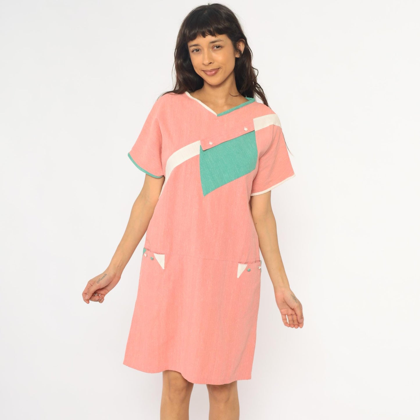 90s Colorblock Shift Dress Coral Pink Teal Geometric Pockets Knee Length Large L