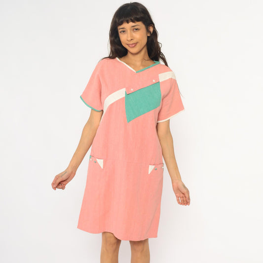 90s Colorblock Shift Dress Coral Pink Teal Geometric Pockets Knee Length Large L