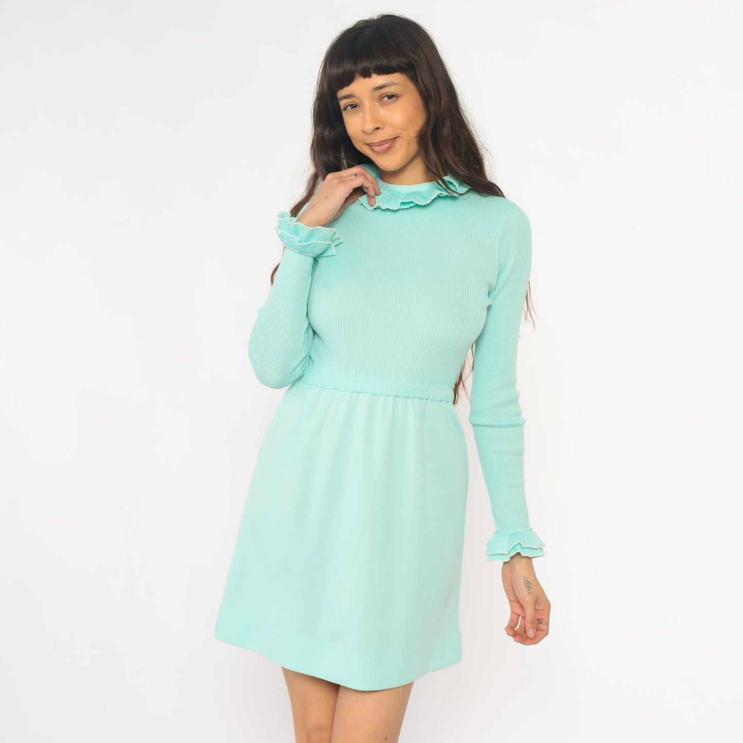 70s Mint Mini Dress Ribbed Knit Bodice Ruffled Collar Long Sleeve Extra Small XS