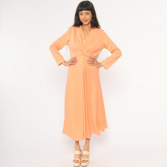 70s Lily Lynn Peach Maxi Dress Long Sleeve V-Neck Wrap Bodice Medium