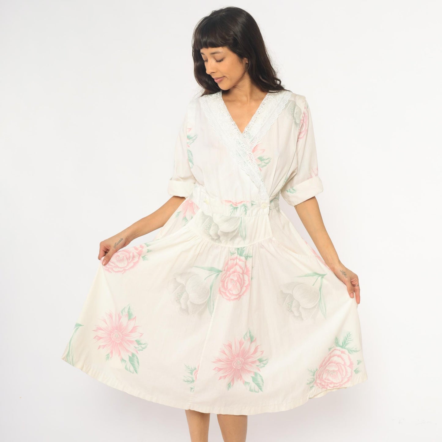 80s Floral Midi Dress Cream Pink Rose Print Cotton Eyelet Lace Medium