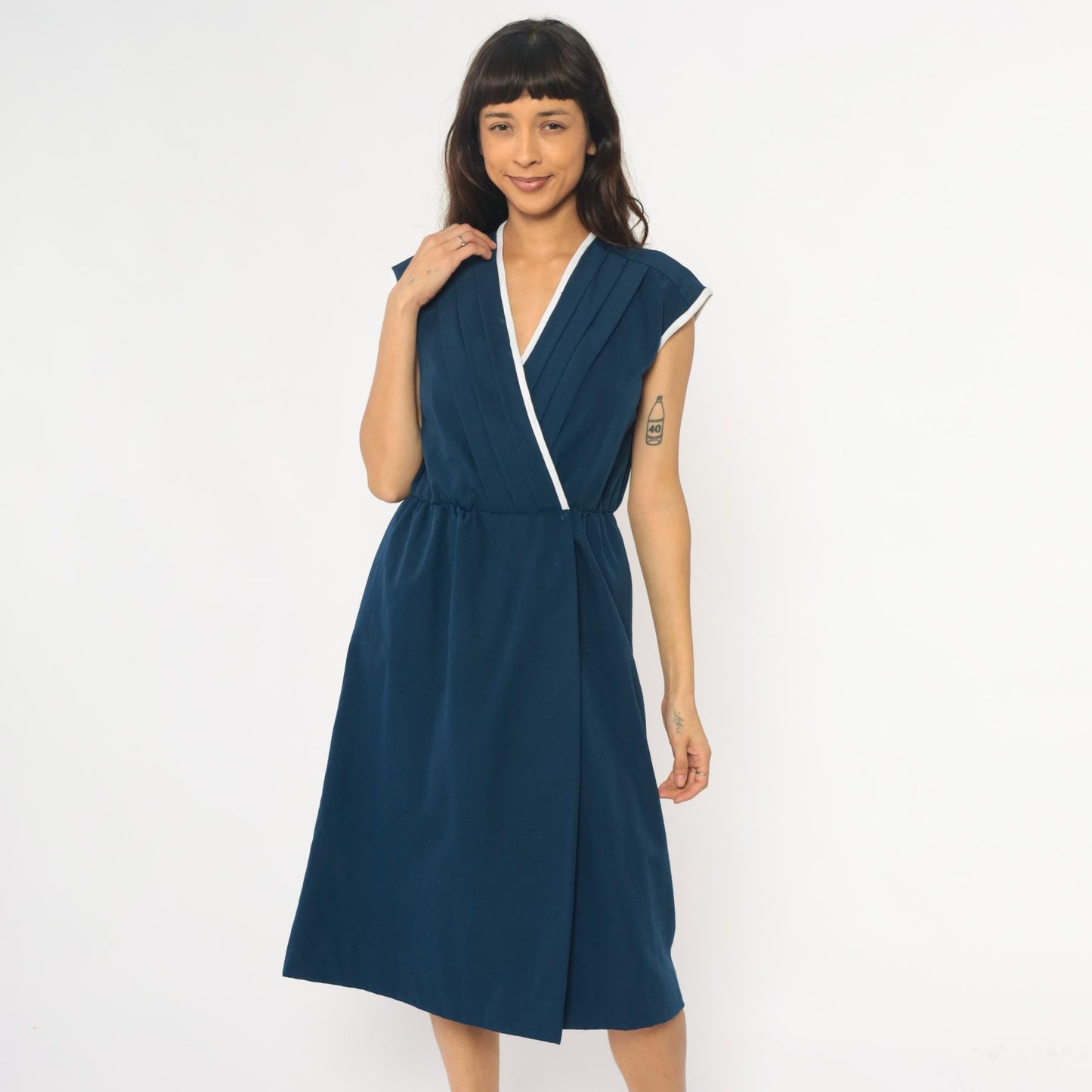 80s Toni Todd Navy Wrap Dress White Trim Cap Sleeve Midi Small Medium