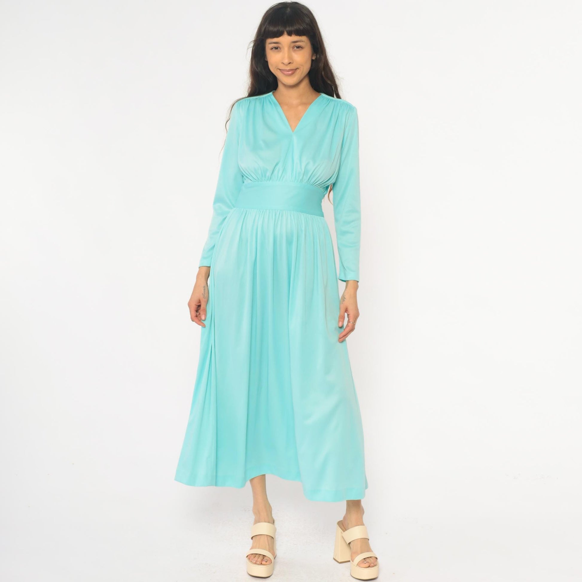 70s Enrico Serrati Aqua Maxi Dress V-Neck Tie Waist Long Sleeve Medium