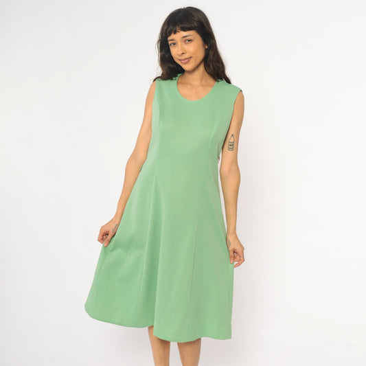 70s Mint Green Sleeveless A-Line Dress Scoop Neck Knee Length Large L