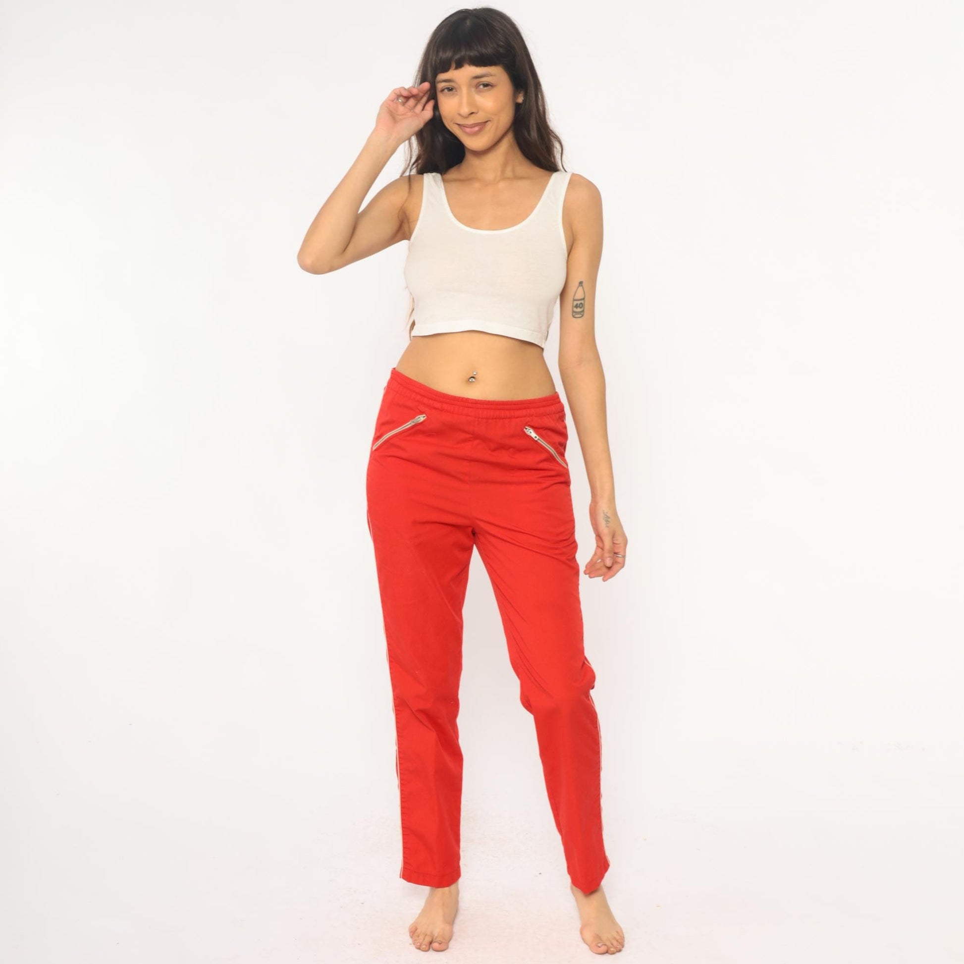 80s C'est Joli Track Pants Coral Red White Stripe Zipper Pockets Small