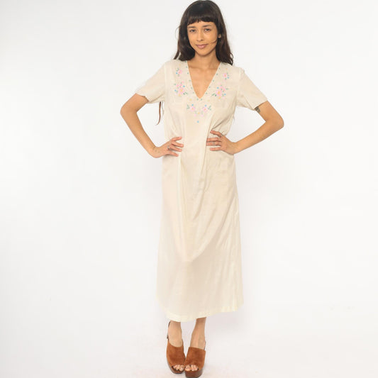 70s Cream Embroidered Floral Maxi Dress V-Neck Short Sleeve Small S