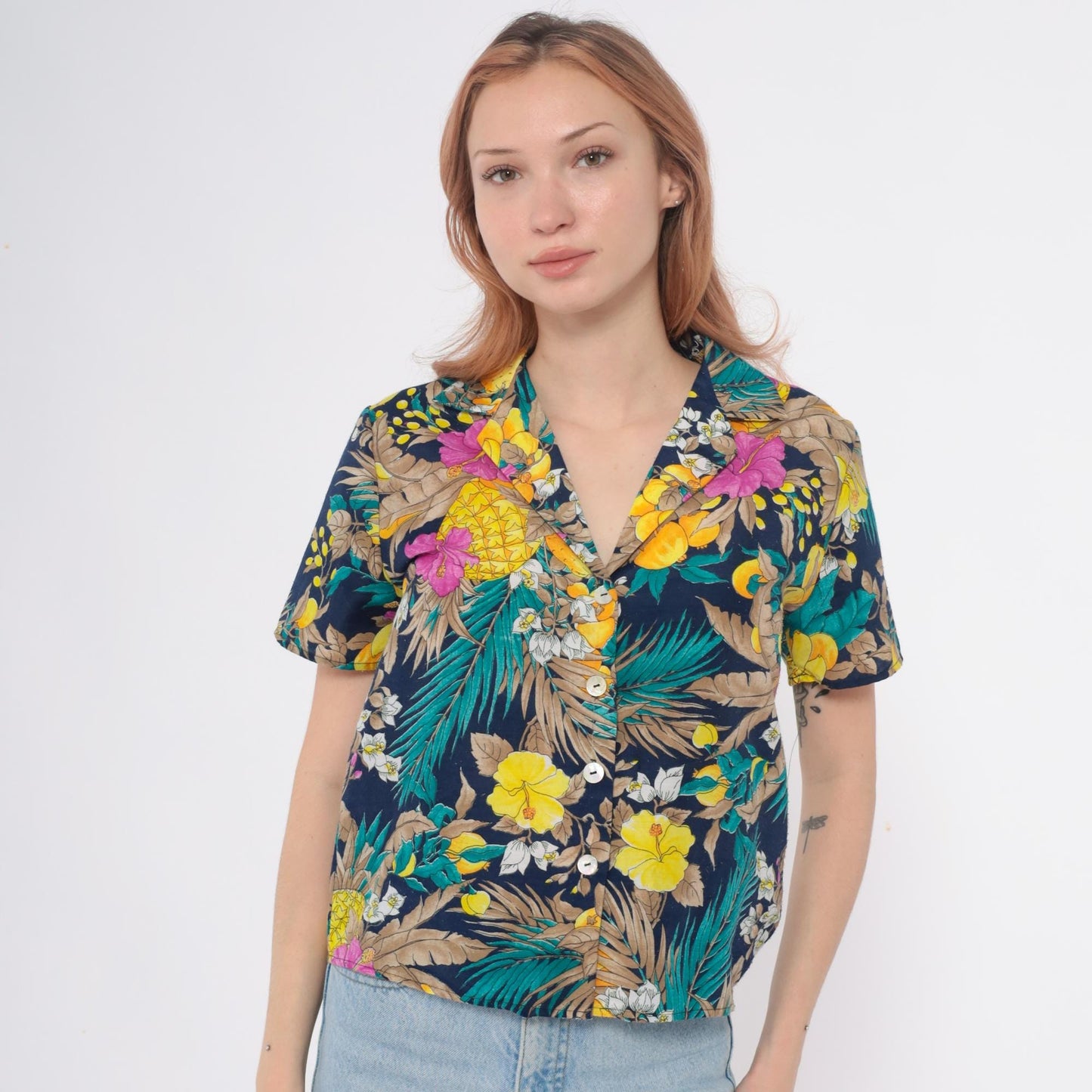 90s So What Hawaiian Shirt Navy Tropical Floral Pineapple Small