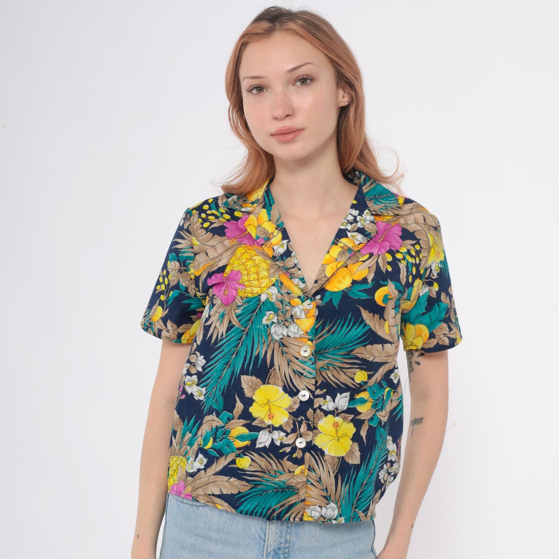 90s So What Hawaiian Shirt Navy Tropical Floral Pineapple Small