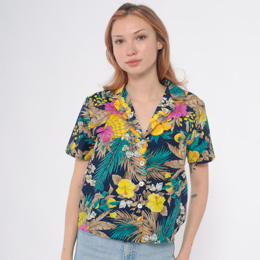90s So What Hawaiian Shirt Navy Tropical Floral Pineapple Small