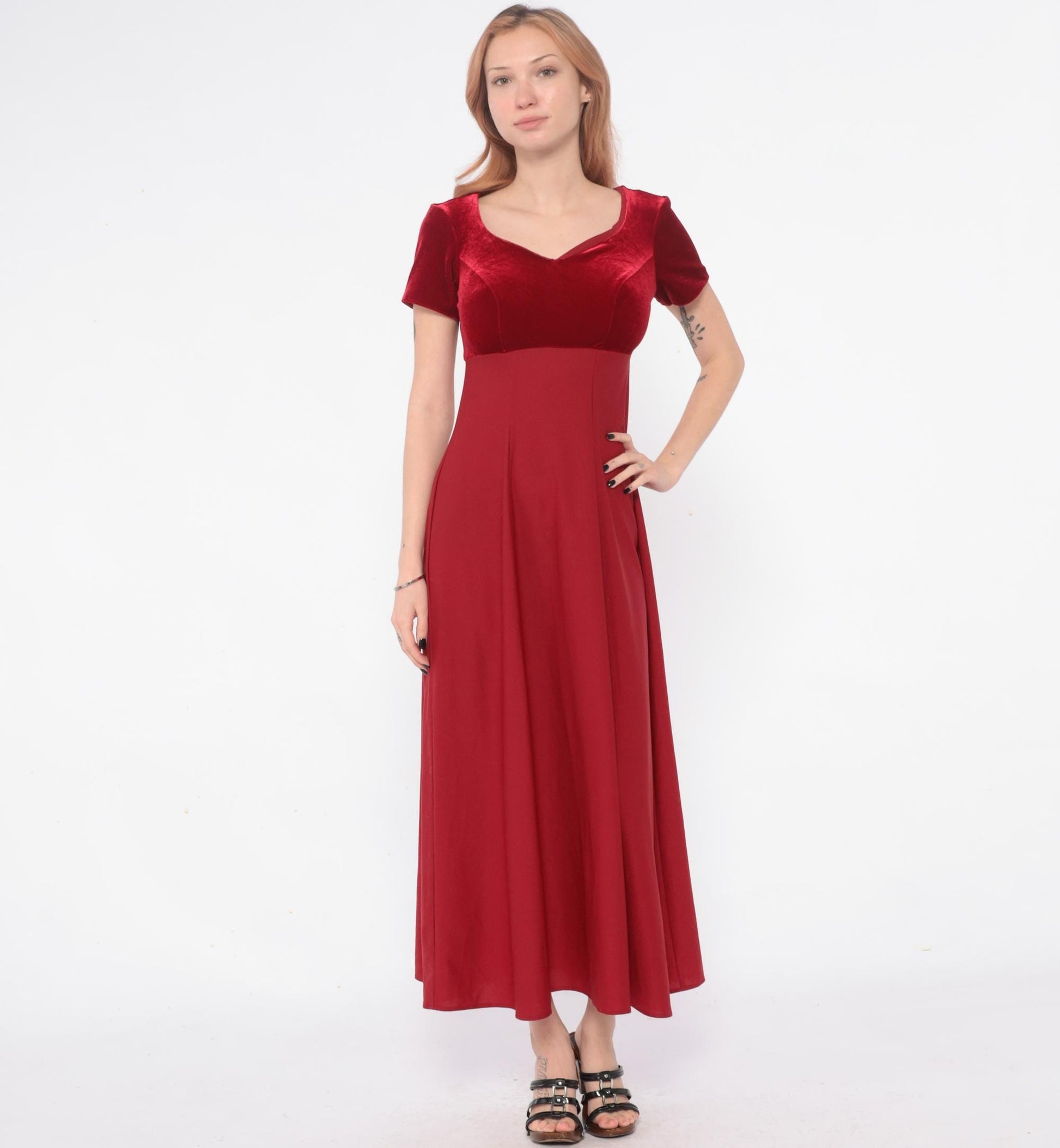 Y2K Burgundy Velvet Maxi Dress Empire Waist Color Block Small S