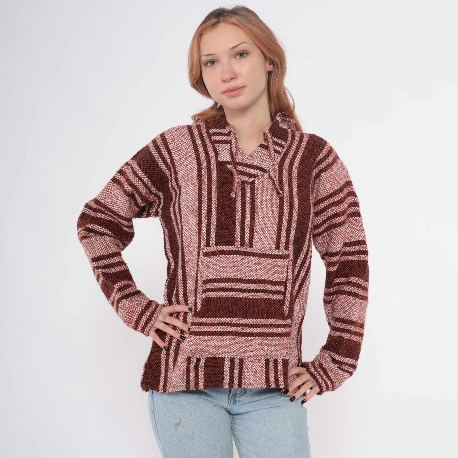 Y2K Baja Hoodie Brown Tan Striped Woven Pullover Kangaroo Pocket Medium M