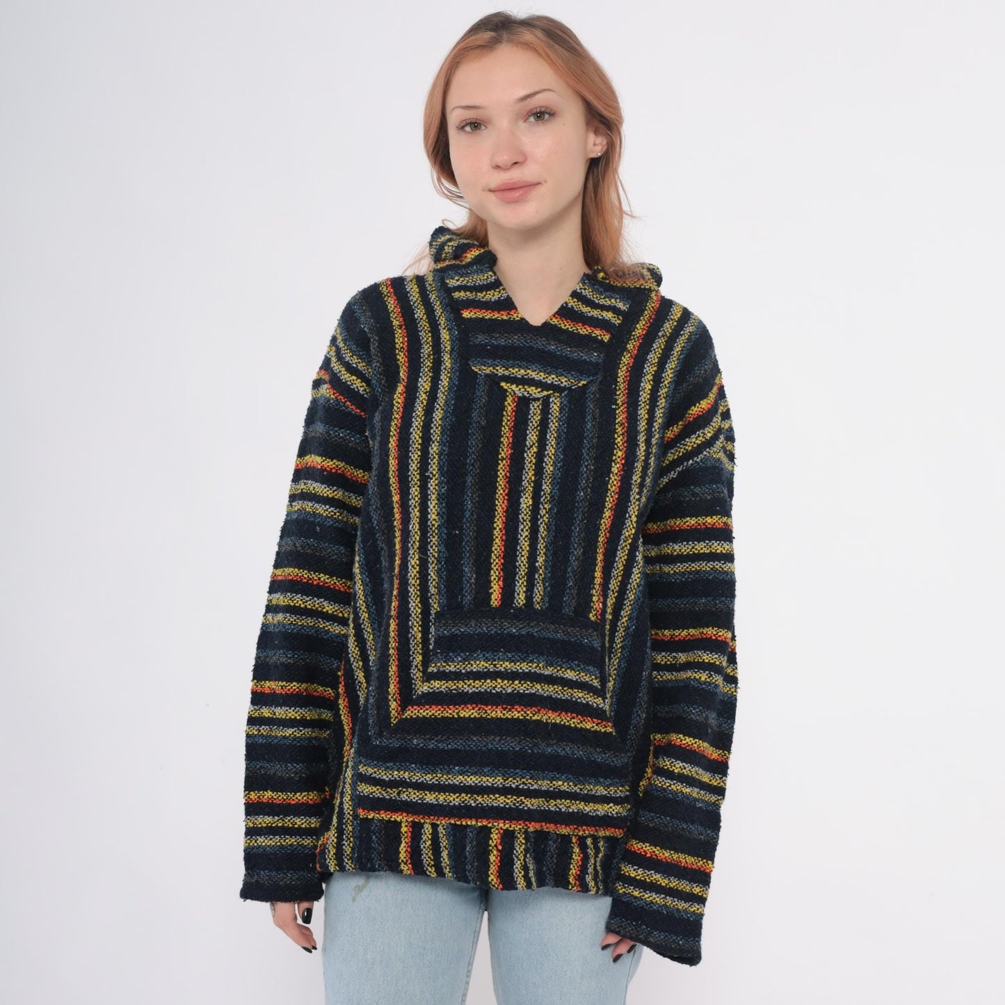 90s Iguana Jack Baja Hoodie Black Striped Woven Kangaroo Pocket Extra Large XL