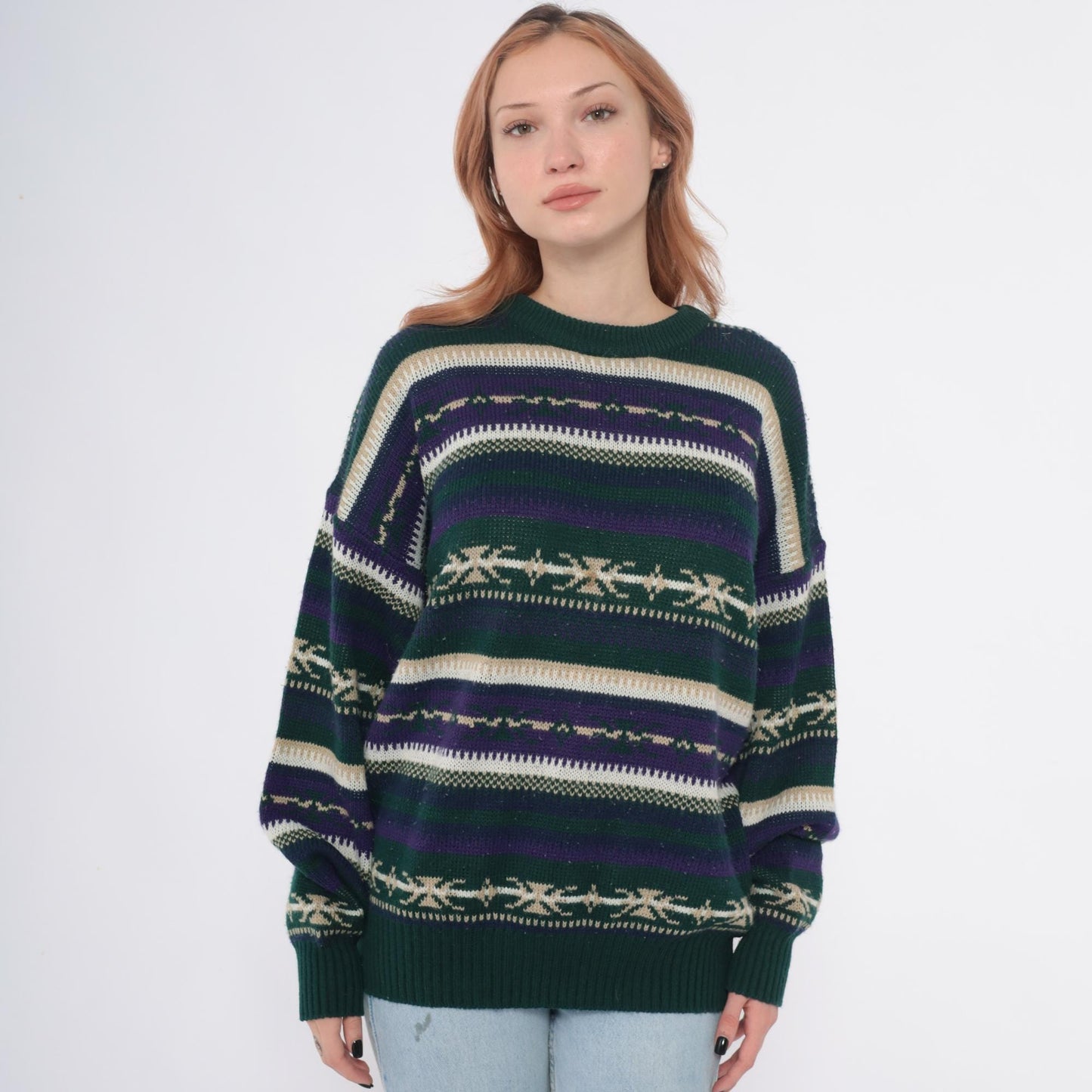 90s Fair Isle Sweater Green Purple Cream Geometric Pullover Extra Large XL